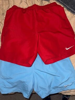 Nike Light Blue & Red Athletic swim Shorts with Black Drawstring